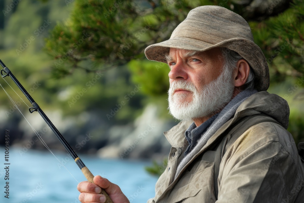 Senior Man Fishing at Sea Side. Grandfather Enjoying Fishing with Rod at Ocean Senior Man Fishing at Sea Side. Grandfather Enjoying Fishing with Rod at Ocean