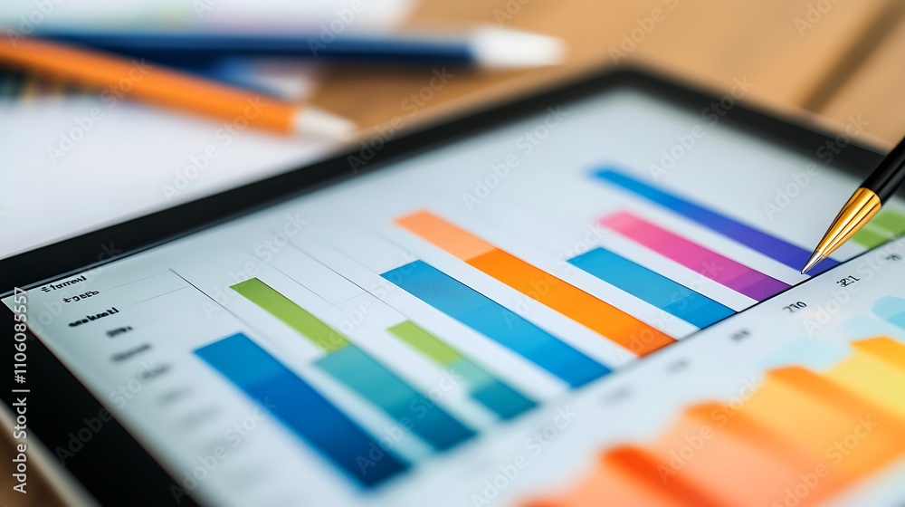 A close-up of a tablet displaying a colorful money graph with ascending lines and data points A close-up of a tablet displaying a colorful money graph with ascending lines and data points