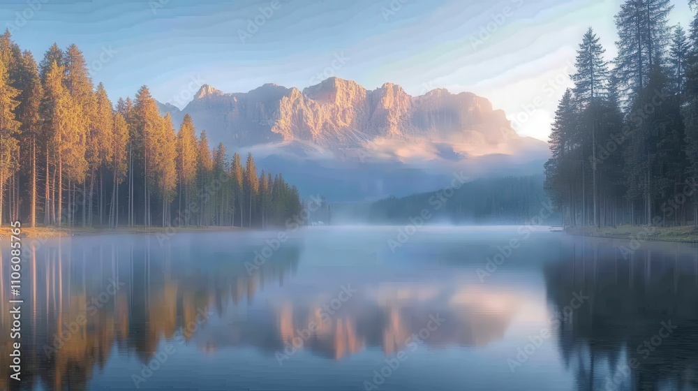 Fototapeta premium Serene mountain landscape reflecting in a tranquil lake surrounded by forests at dawn.