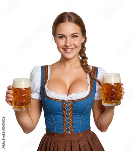 Oktoberfest woman waitress, holding two large glasses of beer, wearing a traditional Bavarian dress. PNG isolated on transparent background