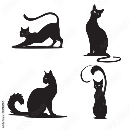 Vector cats set. Animal pet, wildcat and kitten, hunter and predator, black silhouette 