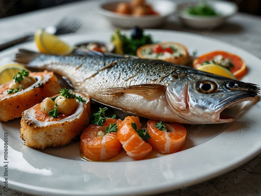 Fresh fish and seafood served on a white plate.