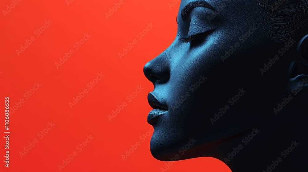 A woman's face is shown on a red background A woman's face is shown on a red background