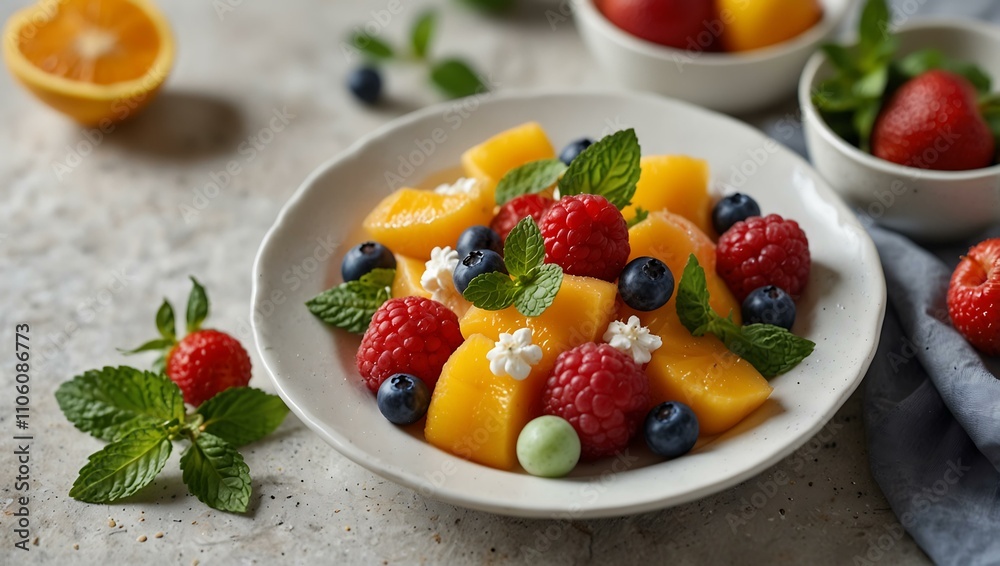 Fresh fruit salad with flowers and mint on a white plate. Fresh fruit salad with flowers and mint on a white plate.