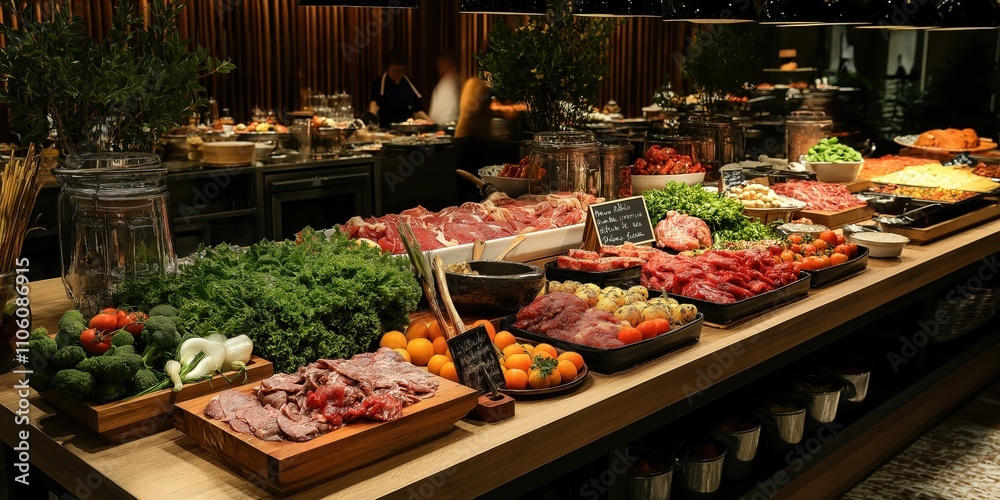 People group catering buffet food indoor in restaurant with meat colorful fruits and vegetables. world winning photo created by ai People group catering buffet food indoor in restaurant with meat colorful fruits and vegetables. world winning photo created by ai