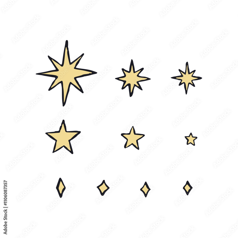 Obraz premium Hand drawn inky sketch style doodle stars set isolated on white background