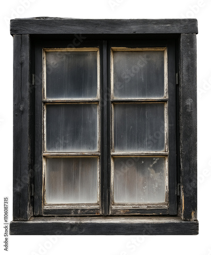 old weathered wooden window frame, burnt black window. cutout