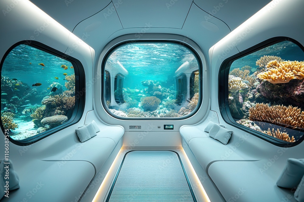 Naklejka premium Futuristic underwater train with vibrant marine life in view