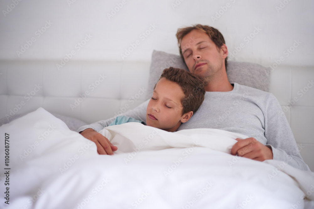 Father, sleeping and hug son in home, love and support child in dream or nap for comfort. Dad, boy and embrace kid for peace or security in rest, care and exhausted family for bonding in bedroom Father, sleeping and hug son in home, love and support child in dream or nap for comfort. Dad, boy and embrace kid for peace or security in rest, care and exhausted family for bonding in bedroom