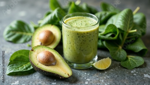 Almond milk smoothie with avocado and spinach, nutritious drink in a glass, copy space