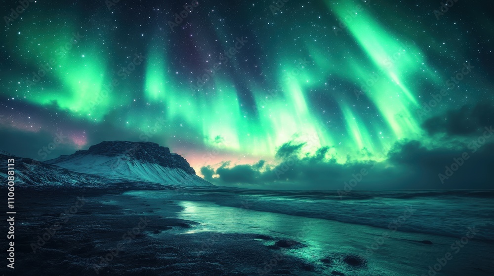 Stunning aurora borealis illuminating a serene landscape at night. Stunning aurora borealis illuminating a serene landscape at night.