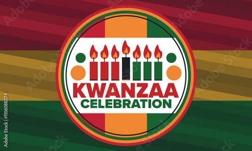 Kwanzaa Happy Celebration. African and African-American culture holiday. Seven days festival, celebrate annual from December 26 to January 1. Black history. Poster, card, banner and background. Vector