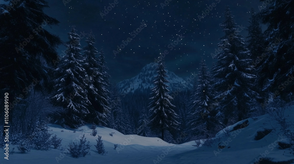 A pine tree forest covered in snow, with twinkling stars visible through the clear night sky, winter mood symbols, background A pine tree forest covered in snow, with twinkling stars visible through the clear night sky, winter mood symbols, background