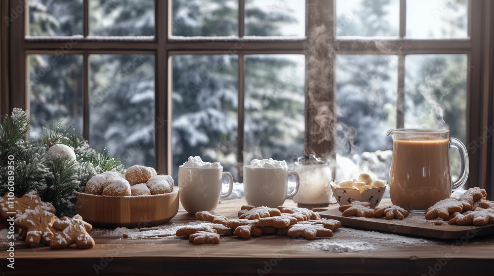 A festive table with steaming mugs of cocoa, gingerbread cookies, and snowy window panes, winter mood symbols, background A festive table with steaming mugs of cocoa, gingerbread cookies, and snowy window panes, winter mood symbols, background