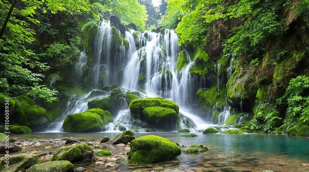 Cascading waterfall framed by moss-covered rocks, flowing, rocky Cascading waterfall framed by moss-covered rocks, flowing, rocky