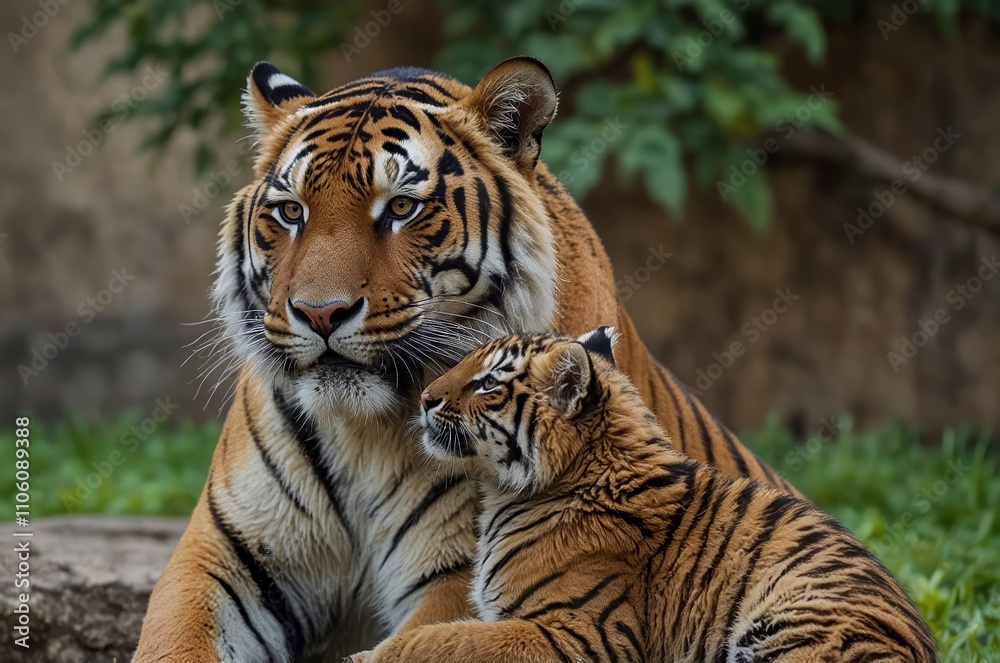 Mother Tiger Hugging Her Baby in the Wild Mother Tiger Hugging Her Baby in the Wild