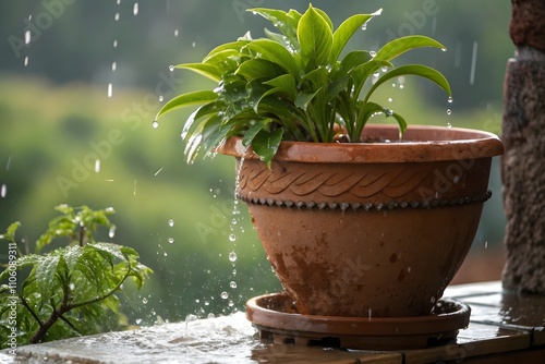 Potted plant get water in the rain. Gardening and nature care photo