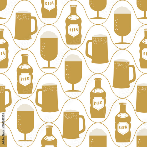 Beer bottle, glasses and the word Beer seamless vector pattern background. Hand-drawn alcoholic drinks bottles , frothy beer mugs and text backdrop. Neutral repeat. Retro hand-lettering style.