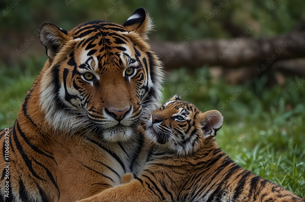 Mother Tiger Hugging Her Baby in the Wild Mother Tiger Hugging Her Baby in the Wild