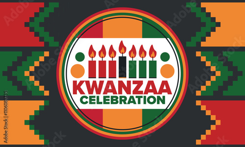 Kwanzaa Happy Celebration. African and African-American culture holiday. Seven days festival, celebrate annual from December 26 to January 1. Black history. Poster, card, banner and background. Vector