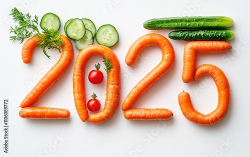 2025 Made of Carrots and Vegetables Numbers formed with carrot sticks, cucumber slices, and cherry tomatoes. Fresh and crunchy, white background.