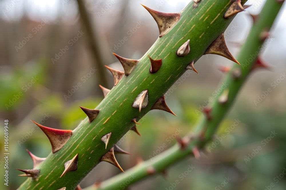 green thorny stem in nature. Protection and danger green thorny stem in nature. Protection and danger