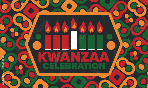 Kwanzaa Happy Celebration. African and African-American culture holiday. Seven days festival, celebrate annual from December 26 to January 1. Black history. Poster, card, banner and background. Vector