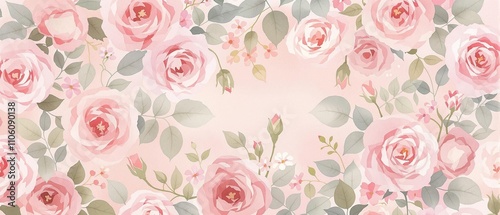 Charming pink roses and foliage watercolor seamless background, lush garden pattern, textured art