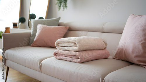 Beige and pink textured throw blanket neatly folded on a minimalist couch. 