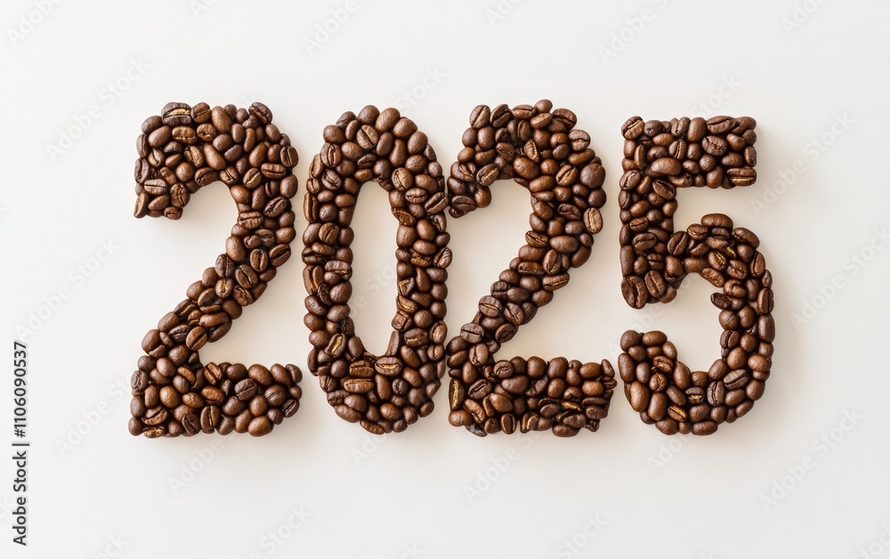 2025 Made of Coffee Beans Numbers designed with dark roasted coffee beans, arranged neatly for a rich and aromatic look. White background. 2025 Made of Coffee Beans Numbers designed with dark roasted coffee beans, arranged neatly for a rich and aromatic look. White background.