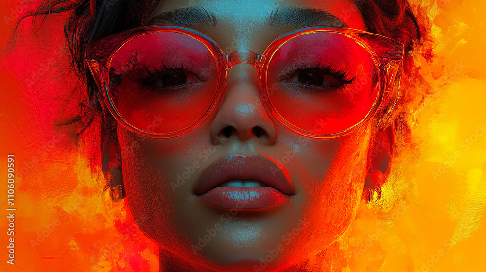 Portrait of a woman in bold red sunglasses against a vibrant colorful background, capturing vivid expression and style. Generative AI Portrait of a woman in bold red sunglasses against a vibrant colorful background, capturing vivid expression and style. Generative AI