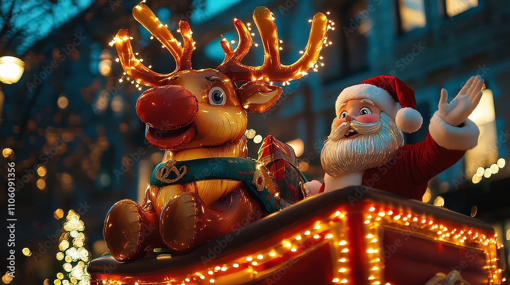 Obraz premium Majestic reindeer balloon with detailed red-and-green harness, antlers wrapped in glowing fairy lights, floating regally next to Santa waving in holiday cheer.