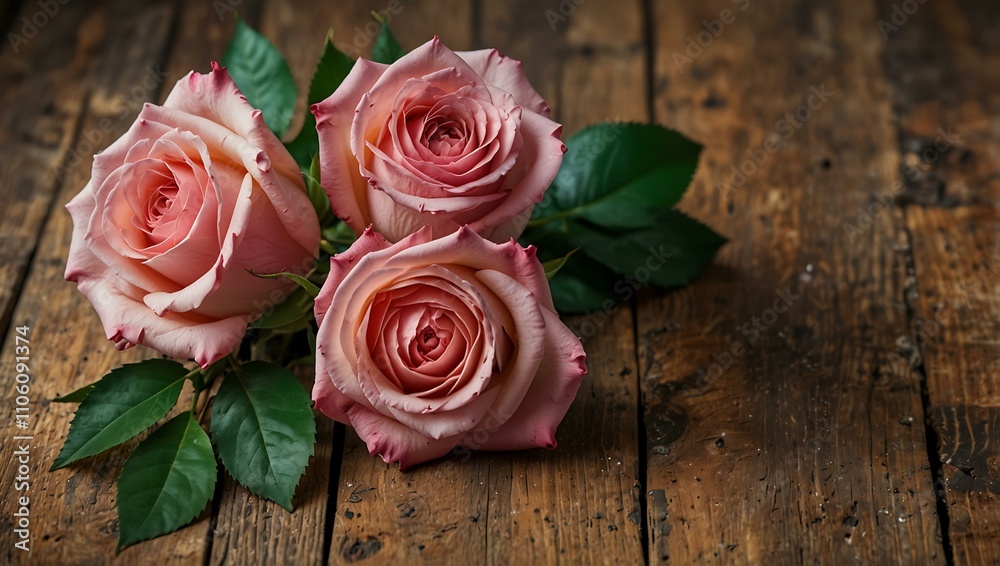 Fresh pink roses bouquet on a rustic wooden background. Fresh pink roses bouquet on a rustic wooden background.