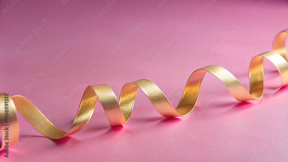 Gold ribbon on pink background creating festive atmosphere with copy space for decoration Gold ribbon on pink background creating festive atmosphere with copy space for decoration