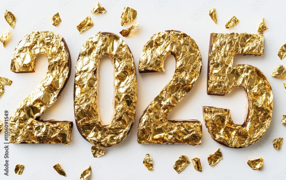 2025 Made of Gold Leaf Chocolate Numbers styled with luxurious gold-coated chocolate pieces. Elegant and festive, white background. 2025 Made of Gold Leaf Chocolate Numbers styled with luxurious gold-coated chocolate pieces. Elegant and festive, white background.