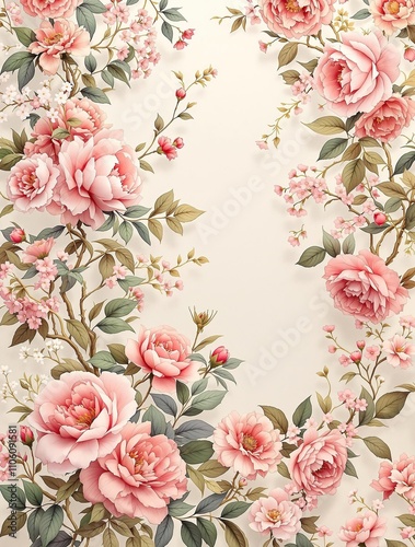 Chinoiserie floral background with pink roses, chinese, flowers, vintage, roses, elegant
