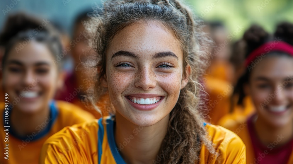 A vibrant and youthful soccer team member exudes joy and confidence while wearing a bright yellow jersey with teammates blurred in the background. A vibrant and youthful soccer team member exudes joy and confidence while wearing a bright yellow jersey with teammates blurred in the background.