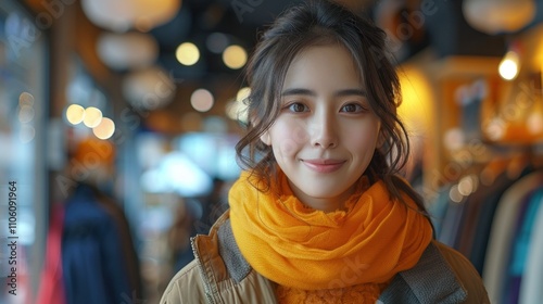 Young Asian female customer smiling while shopping in a store.