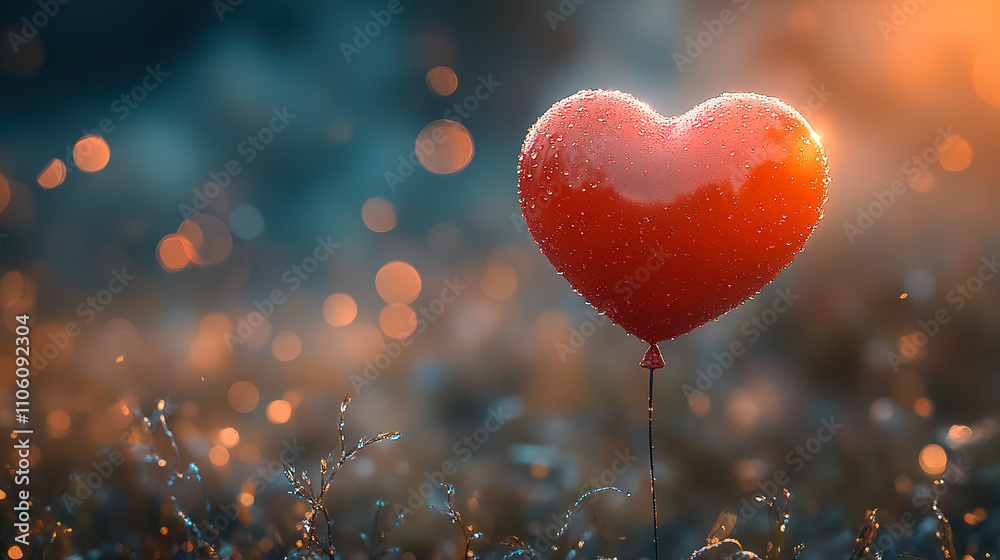 Heart-shaped balloon glows in a vibrant sunset surrounded by a dreamy bokeh background in a grassy field. Generative AI Heart-shaped balloon glows in a vibrant sunset surrounded by a dreamy bokeh background in a grassy field. Generative AI