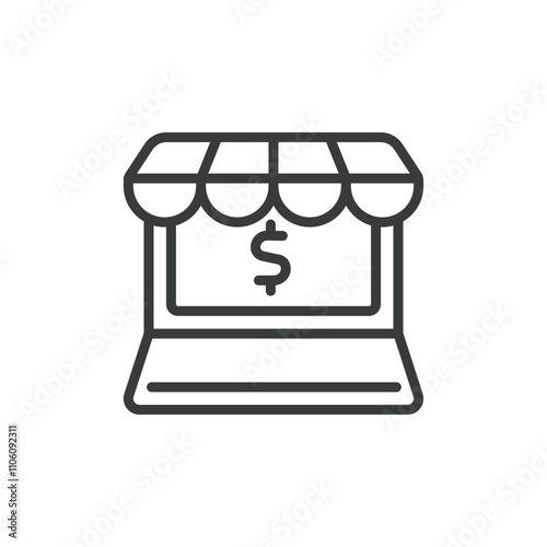 Computer retailing, icon in line design. Computer, retailing, electronics, sales, laptops, desktops, store on white background vector. Computer retailing editable stroke icon