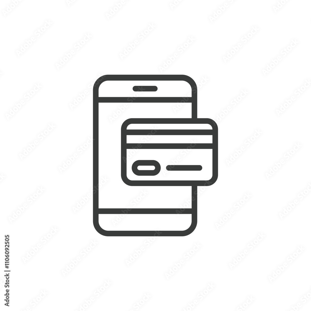 Phone with a bank card, icon in line design. Phone, bank, card, payment, mobile, finance, transaction on white background vector. Phone with a bank card editable stroke icon Phone with a bank card, icon in line design. Phone, bank, card, payment, mobile, finance, transaction on white background vector. Phone with a bank card editable stroke icon