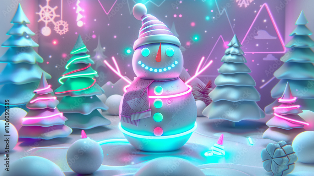 A vibrant snowman in a neon-lit winter wonderland surrounded by glowing Christmas trees, colorful lights, and futuristic holiday decorations.
A vibrant snowman in a neon-lit winter wonderland surrounded by glowing Christmas trees, colorful lights, and futuristic holiday decorations.