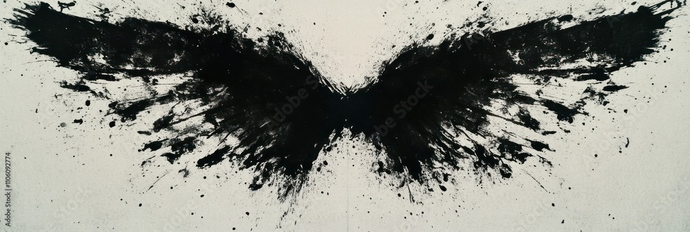 A stylized black wing design, resembling abstract art with splatters and brush strokes. A stylized black wing design, resembling abstract art with splatters and brush strokes.