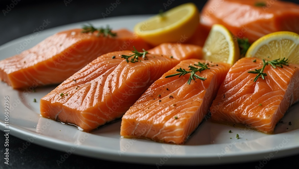 Fresh salmon fish pieces on a white plate. Fresh salmon fish pieces on a white plate.