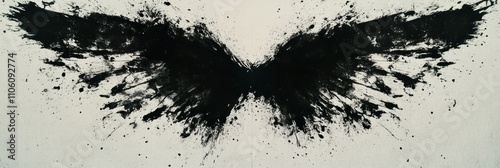 A stylized black wing design, resembling abstract art with splatters and brush strokes.