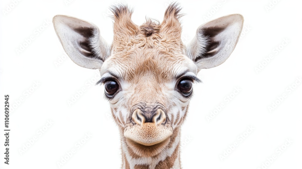Naklejka premium Close up Portrait of a Curious Young Giraffe Against a White Background