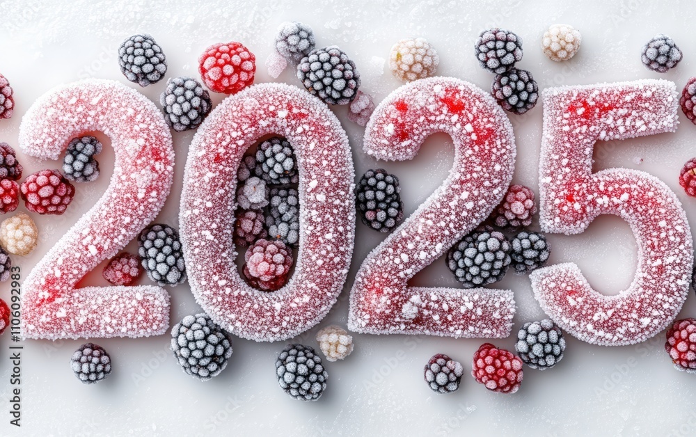 2025 Made of Ice-Covered Fruits Numbers arranged with frozen berries coated in frost. Cool and vibrant, white background. 2025 Made of Ice-Covered Fruits Numbers arranged with frozen berries coated in frost. Cool and vibrant, white background.