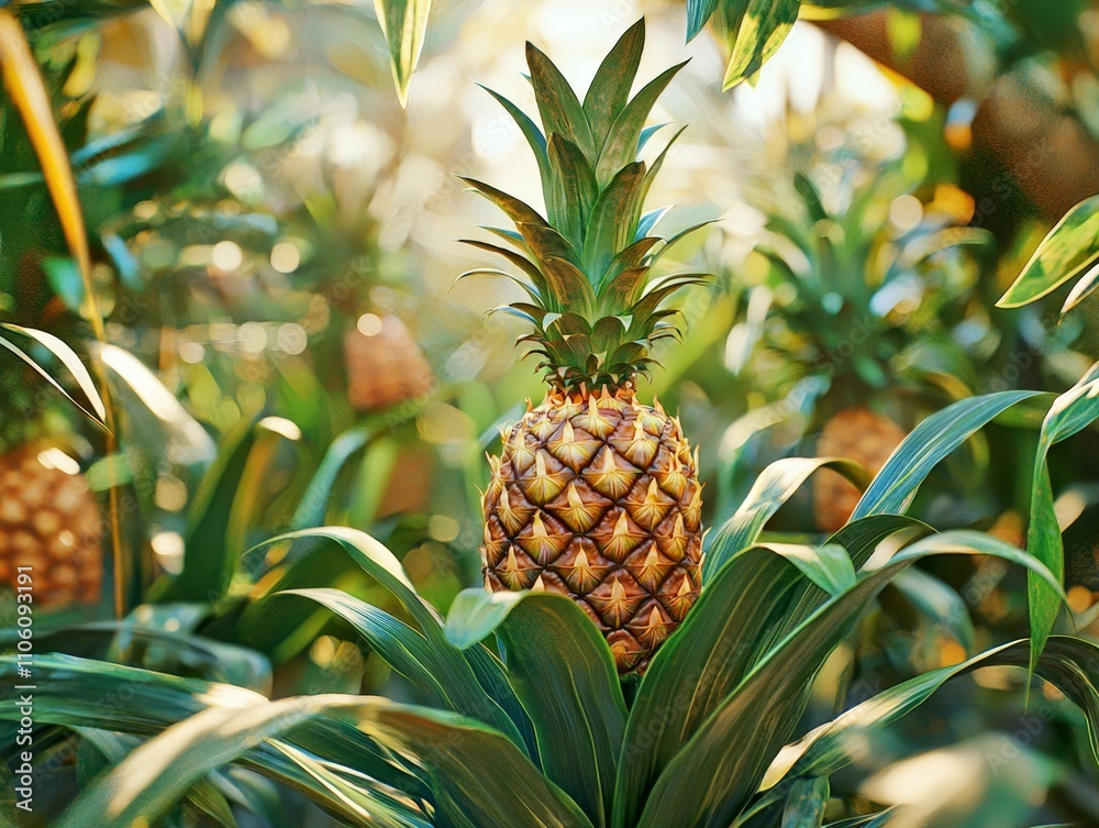 Close up Shot of a Fresh Organic Pineapple with Golden Hues in a Verdant Field Close up Shot of a Fresh Organic Pineapple with Golden Hues in a Verdant Field