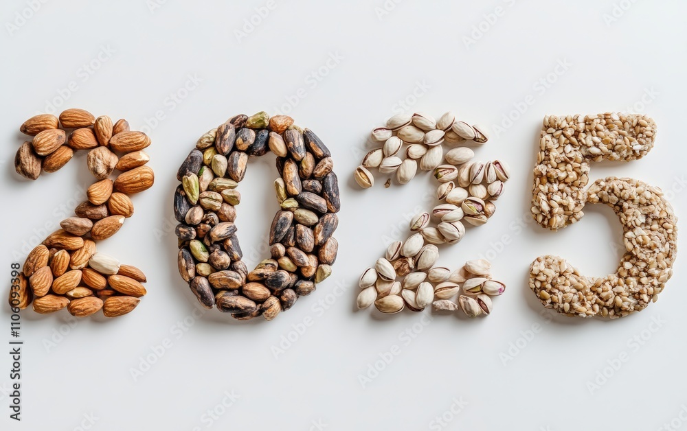 2025 Made of Nuts and Seeds â?“ Numbers formed using almonds, pistachios, sunflower seeds, and walnuts. Natural and healthy, white background. 2025 Made of Nuts and Seeds â?“ Numbers formed using almonds, pistachios, sunflower seeds, and walnuts. Natural and healthy, white background.