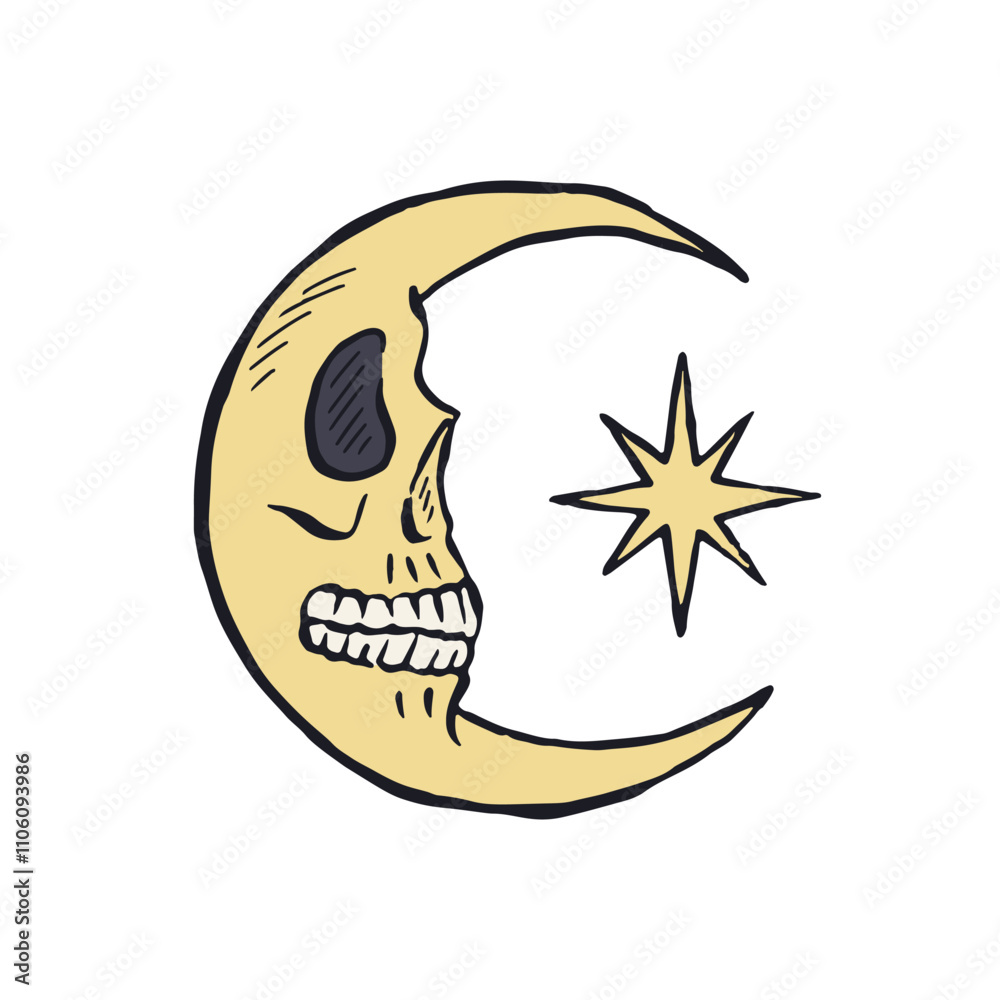Obraz premium Hand drawn sketchy crescent moon with skull face isolated on white background. Doodle skeleton head tattoo design
